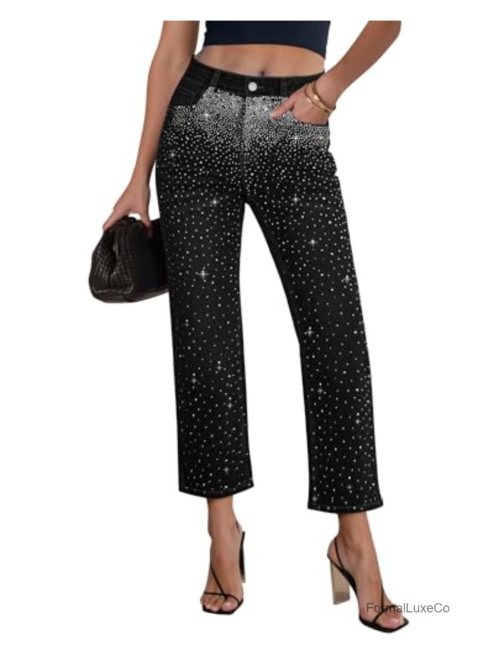 Cropped High Waisted Straight Leg Rhinestone Sparkly Jeans Night Out